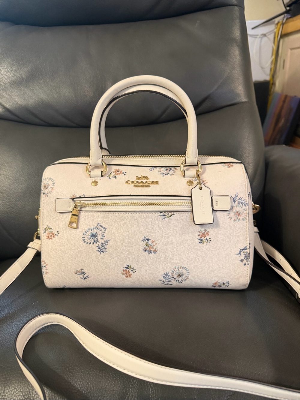 Coach Rowan Floral-Print Leather Satchel in Light Pink and Blue